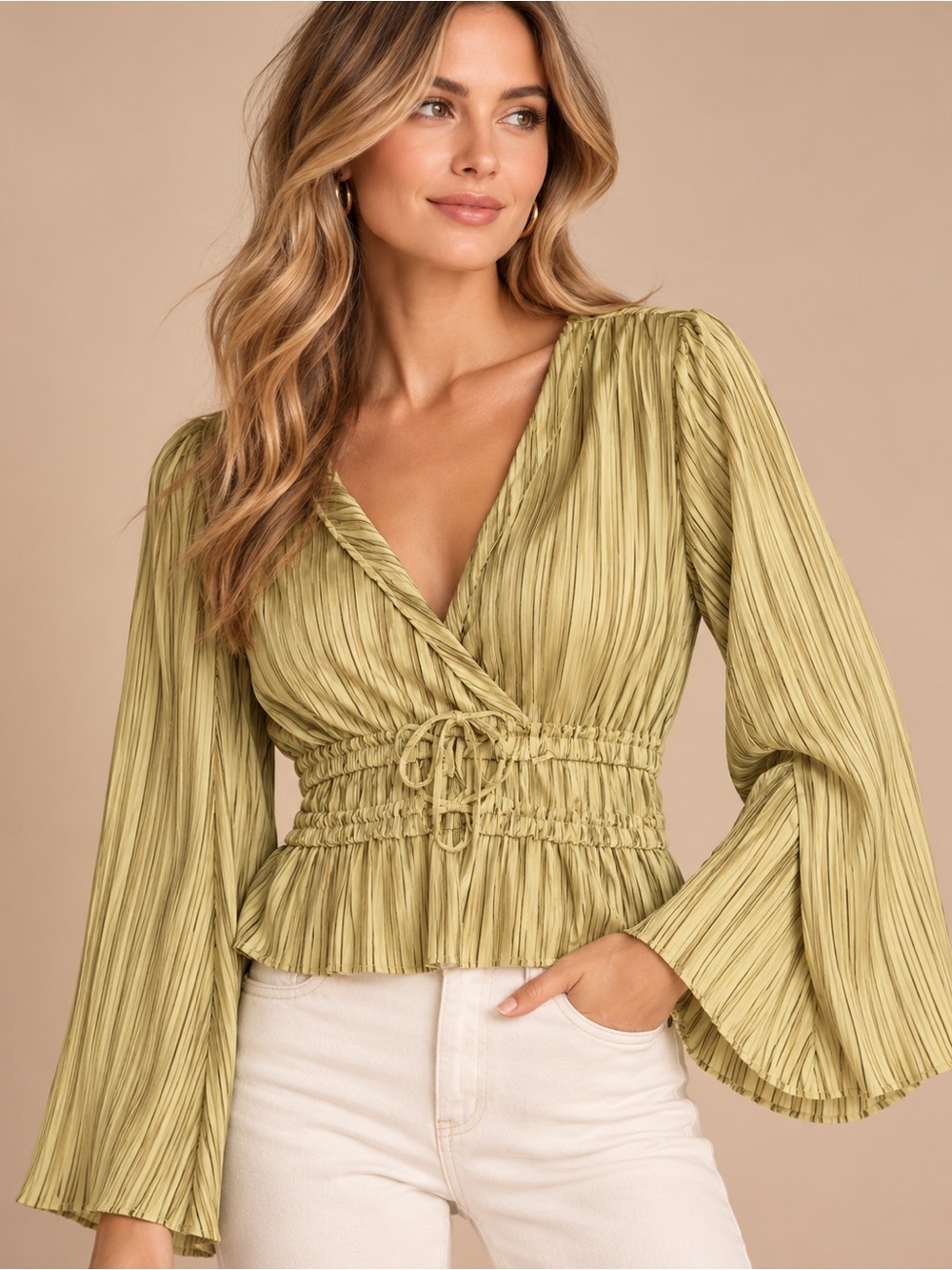 Lulu's Olive Pleated Wrap Peplum Blouse